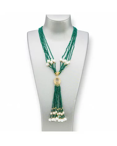 Collana Bijoux Con Pietre Dure, Perle Di Fiume E Zirconi 84cm Verde Smeraldo-DESIGN ITALY | Worldofjewel.com