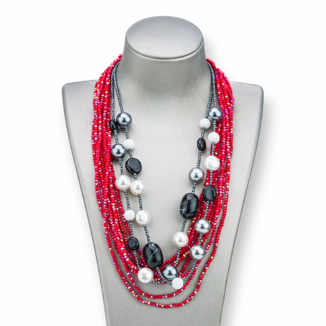 Collana Bijoux Con Pietre Perle E Cristalli Multifilo 50cm MOD1 Rosso-DESIGN ITALY | Worldofjewel.com