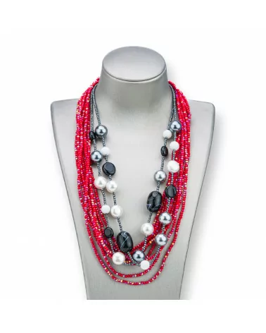 Collana Bijoux Con Pietre Perle E Cristalli Multifilo 50cm MOD1 Rosso-DESIGN ITALY | Worldofjewel.com