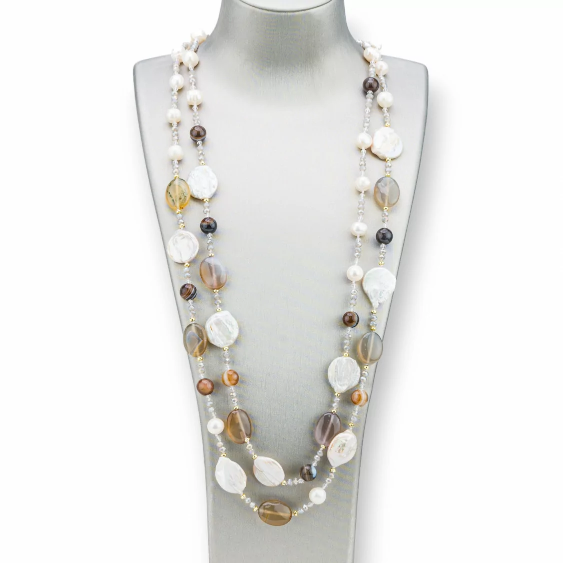 Collana Bijoux Di Pietre Dure, Perle Di Fiume E Cristalli A 2 Fili 90cm Con Chiusura Moschettone Agata Botswana-DESIGN ITALY | Worldofjewel.com