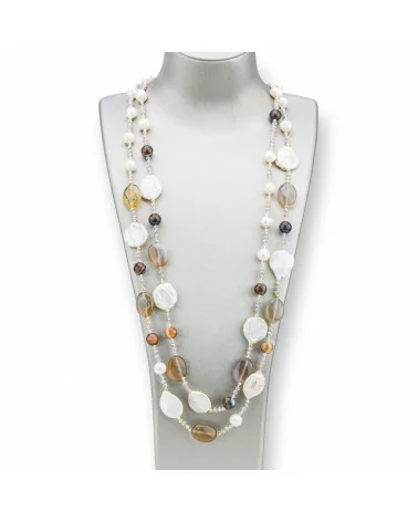 Collana Bijoux Di Pietre Dure, Perle Di Fiume E Cristalli A 2 Fili 90cm Con Chiusura Moschettone Agata Botswana-DESIGN ITALY | Worldofjewel.com