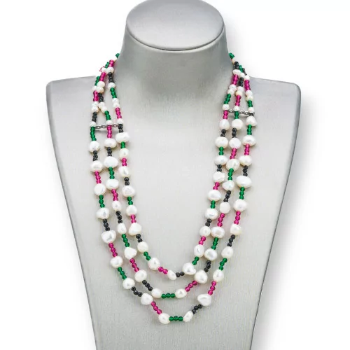 Collana Bijoux Con Perle E Diamond Cut Rosso, Nero E Verde A 3 Fili 43cm-DESIGN ITALY | Worldofjewel.com