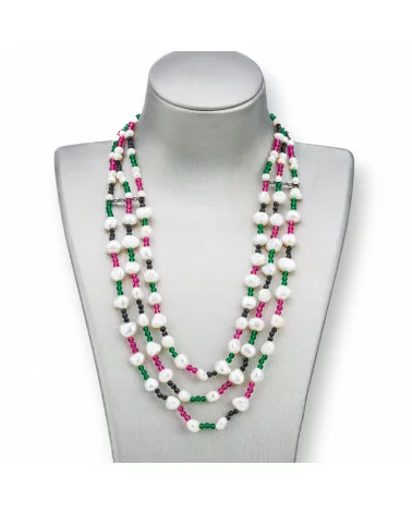 Collana Bijoux Con Perle E Diamond Cut Rosso, Nero E Verde A 3 Fili 43cm-DESIGN ITALY | Worldofjewel.com