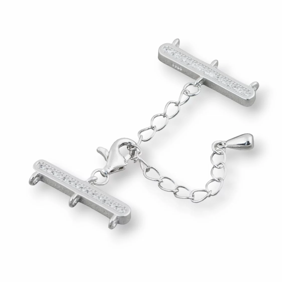 Chiusura Di Argento 925 Multifilo A 3 Fili Con Zirconi 7x18mm Con Catena Regolabile 4cm 2pz Rodiato-CHIUSURE DI ARGENTO | Worldofjewel.com