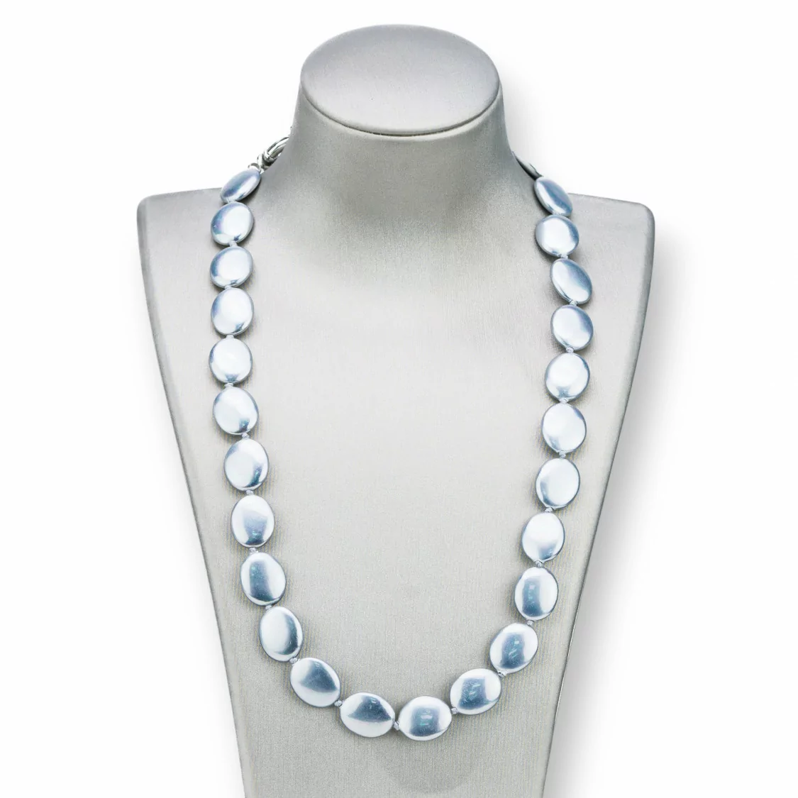 Collana Di Perle Di Maiorca Ovale Piatto 13x16mm Con Chiusura In Ottone 44-49cm Grigio-OFFERTE COLLANE | Worldofjewel.com