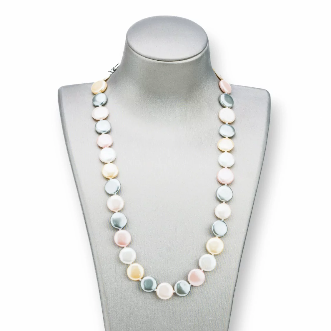 Collana Di Perle Di Maiorca Tondo Piatto 12mm Con Chiusura In Ottone 44-49cm Bianco Grigio Panna Rosa-COLLANE DI PIETRE DURE | Worldofjewel.com