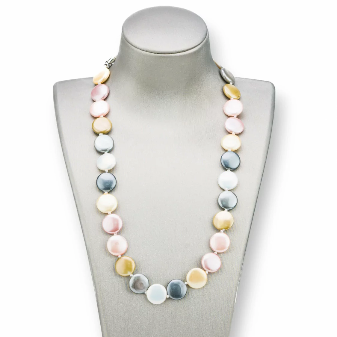 Collana Di Perle Di Maiorca Tondo Piatto 14mm Con Chiusura In Ottone 44-49cm Bianco Grigio Giallo Rosa Thaiti-COLLANE DI PIETRE DURE | Worldofjewel.com