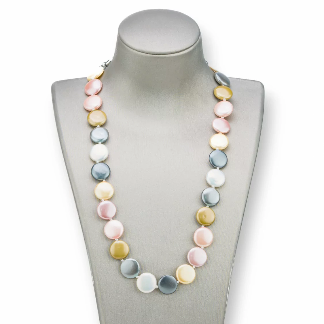 Collana Di Perle Di Maiorca Tondo Piatto 14mm Con Chiusura In Ottone 44-49cm Bianco Grigio Rosa Fucsia Giallo Marrone-COLLANE DI PIETRE DURE | Worldofjewel.com