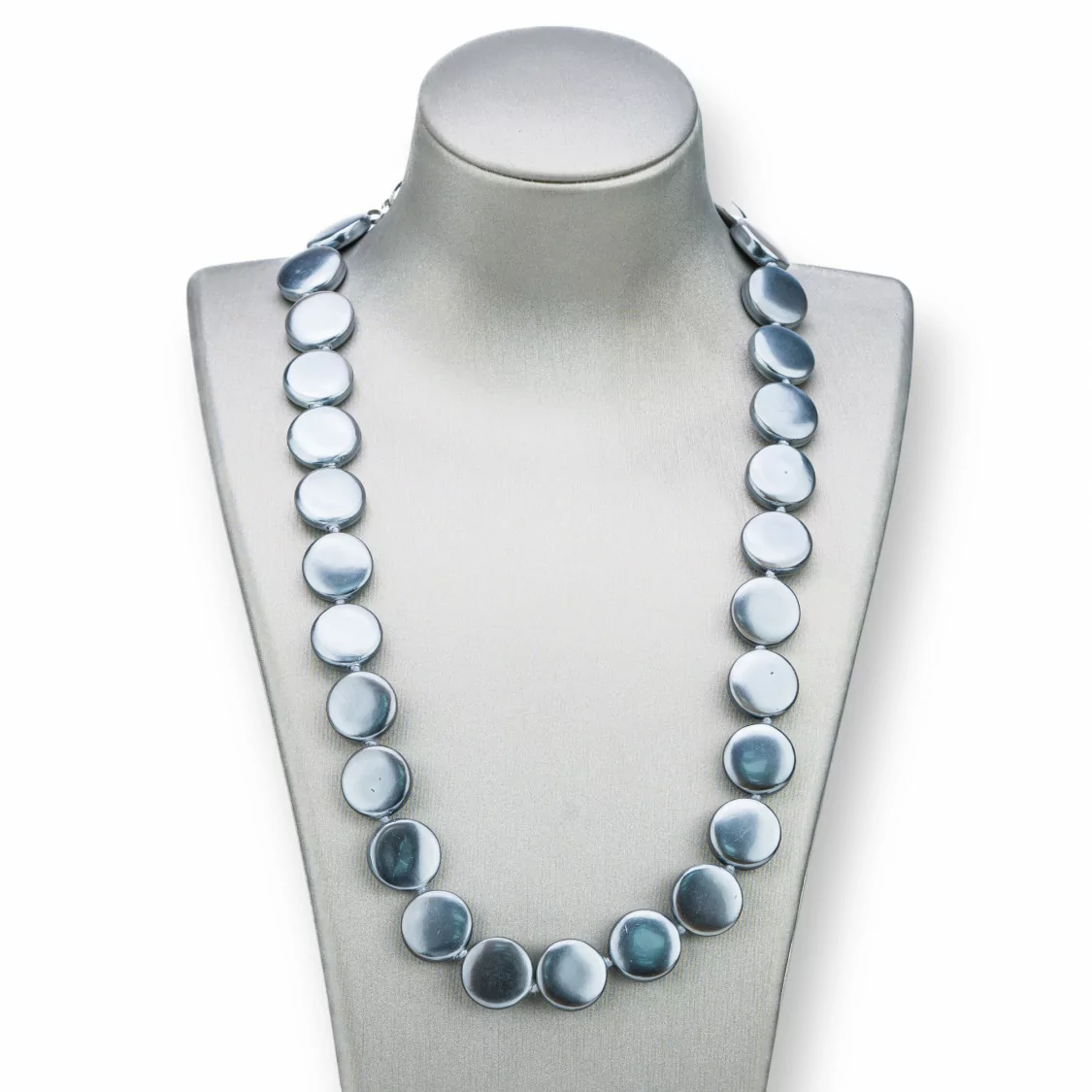 Collana Di Perle Di Maiorca Tondo Piatto 15mm Con Chiusura In Ottone 44-49cm Grigio Scuro-COLLANE DI PIETRE DURE | Worldofjewel.com