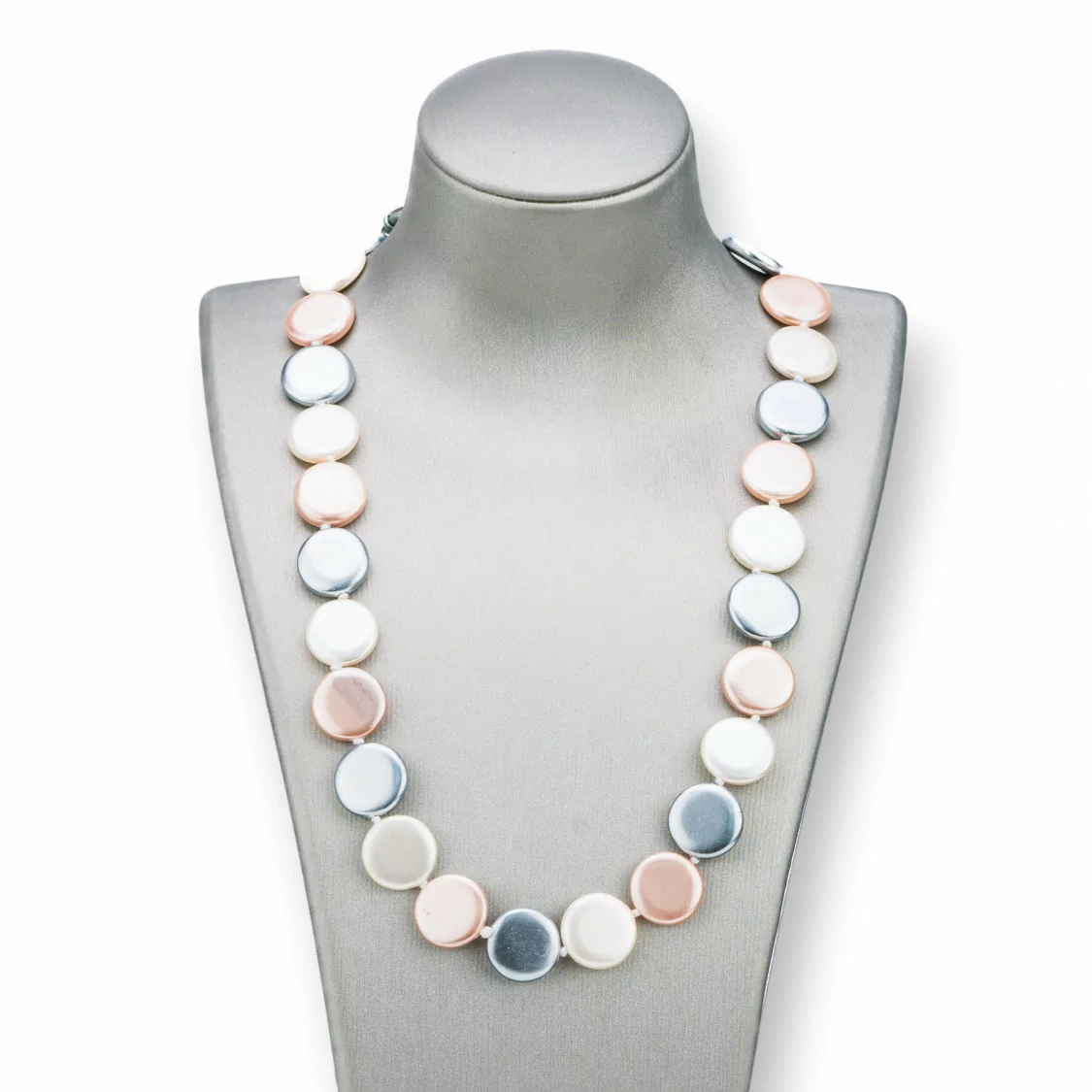 Collana Di Perle Di Maiorca Tondo Piatto 16mm Con Chiusura In Ottone 44-49cm Bianco Grigio Rosa-COLLANE DI PIETRE DURE | Worldofjewel.com