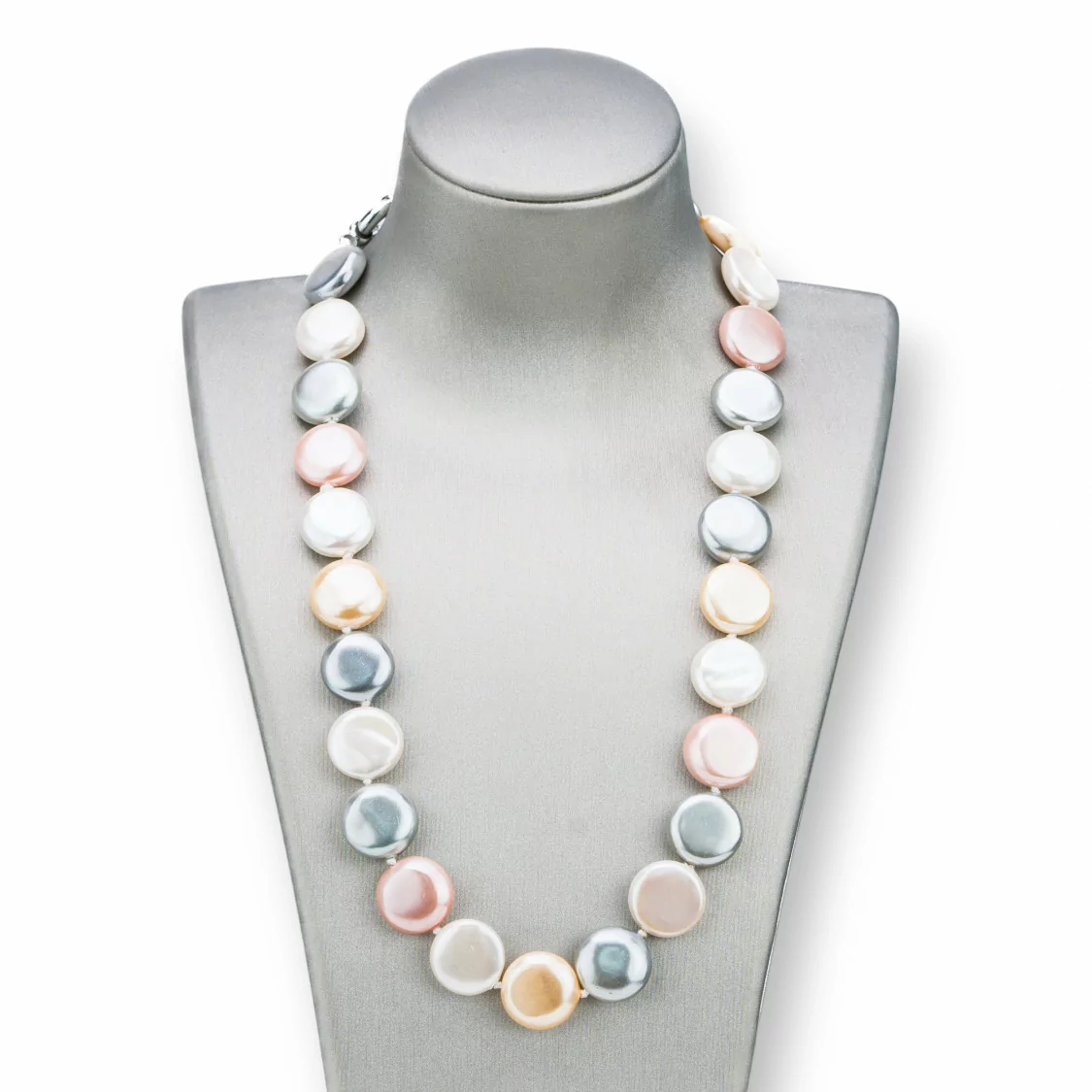 Collana Di Perle Di Maiorca Tondo Piatto 16mm Con Chiusura In Ottone 44-49cm Bianco Grigio Rosa Gialla-COLLANE DI PIETRE DURE | Worldofjewel.com