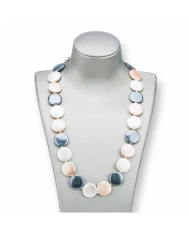 Collana Di Perle Di Maiorca Tondo Piatto 18mm Con Chiusura In Ottone 44-49cm Bianco Grigio Rosa-COLLANE DI PIETRE DURE | Worldofjewel.com