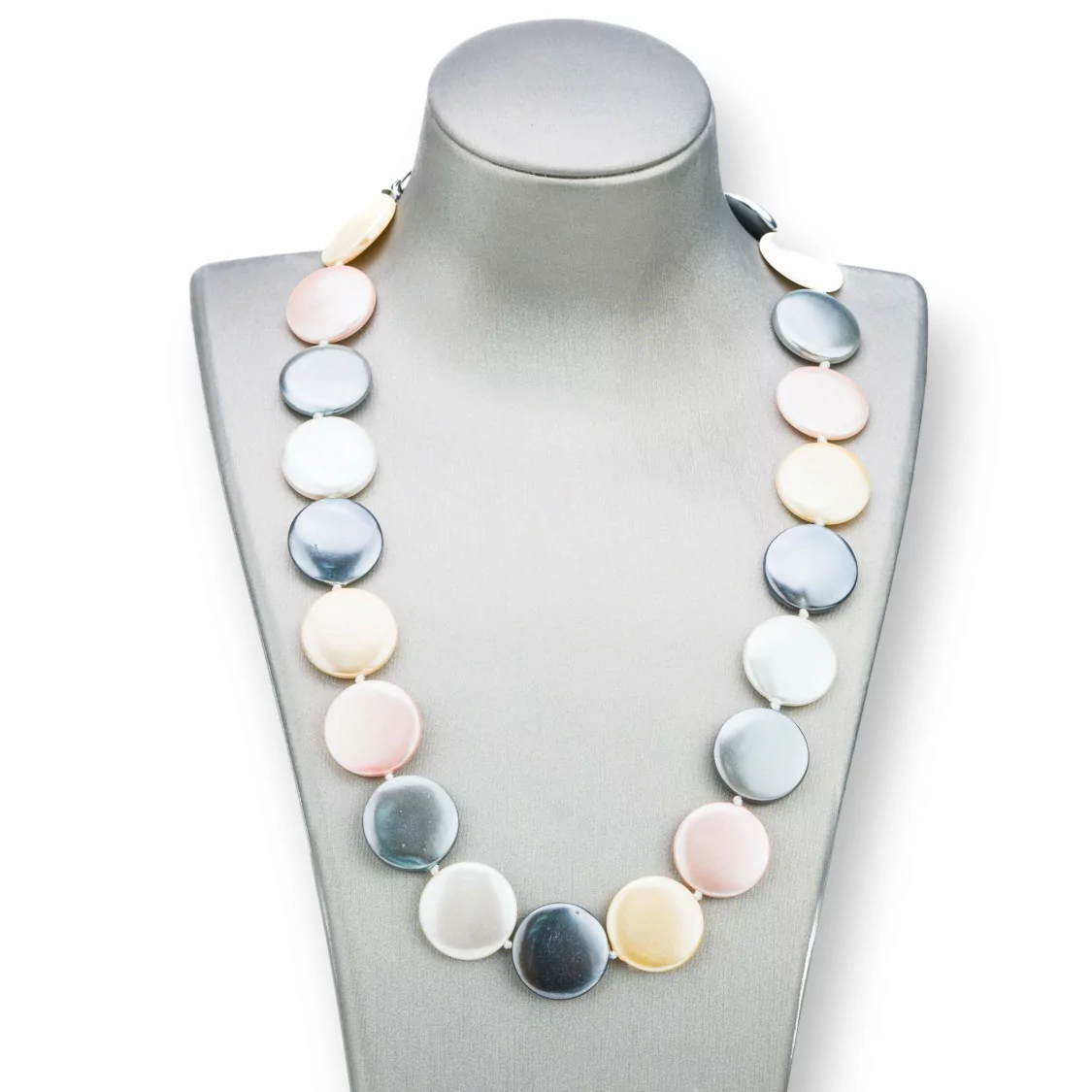 Collana Di Perle Di Maiorca Tondo Piatto 20mm Con Chiusura In Ottone 44-49cm Bianco Rosa Grigio Panna-COLLANE DI PIETRE DURE | Worldofjewel.com