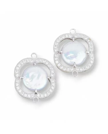 Componente Connettore Di Argento 925 Con Zirconi E Perle Di Fiume 22mm 2pz-CONNETTORI CON PIETRE | Worldofjewel.com