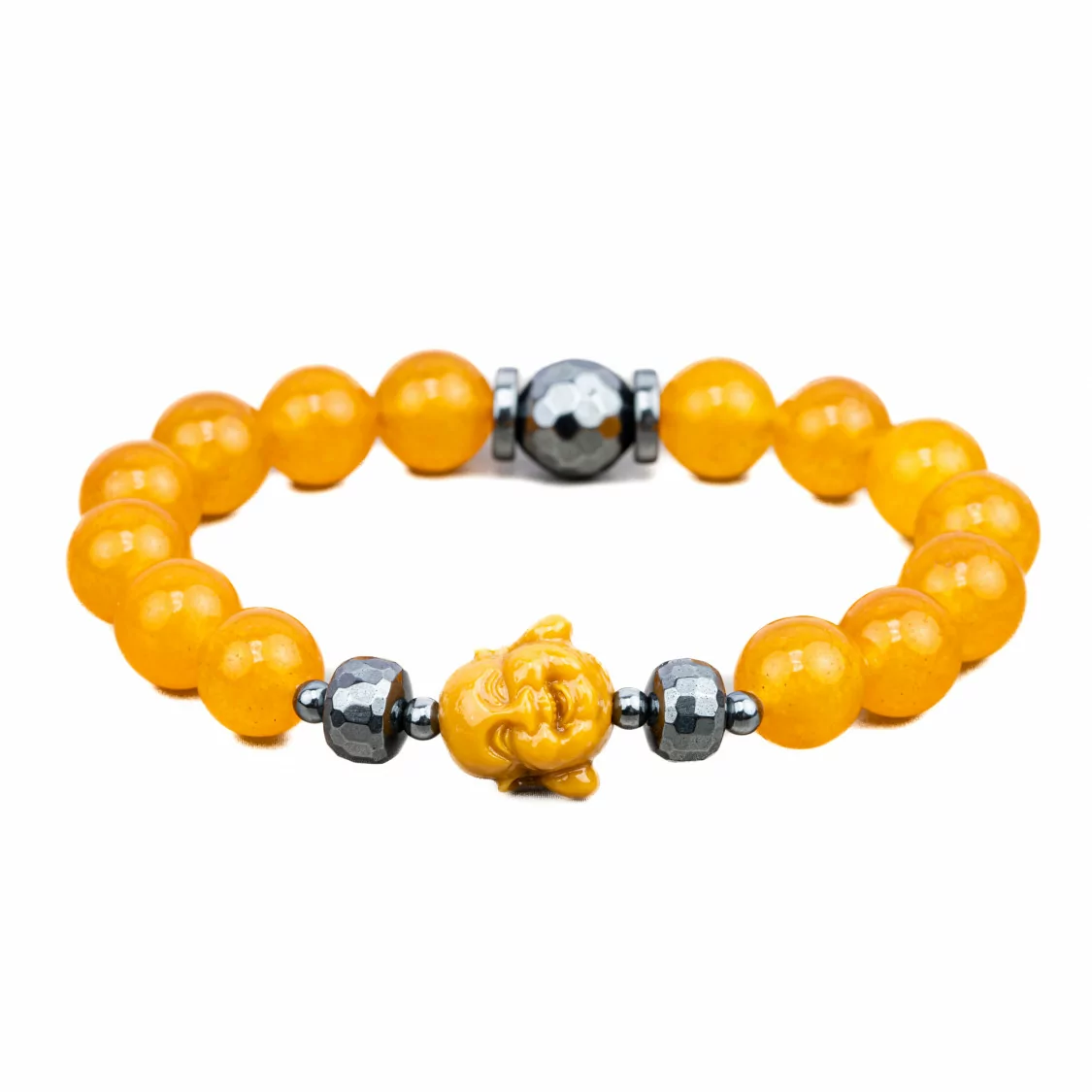 Bracciali Elasticizzato Di Pietre Dure 10mm, Ematite e Buddah di Resina Giallo-BRACCIALI DI PIETRE DURE | Worldofjewel.com