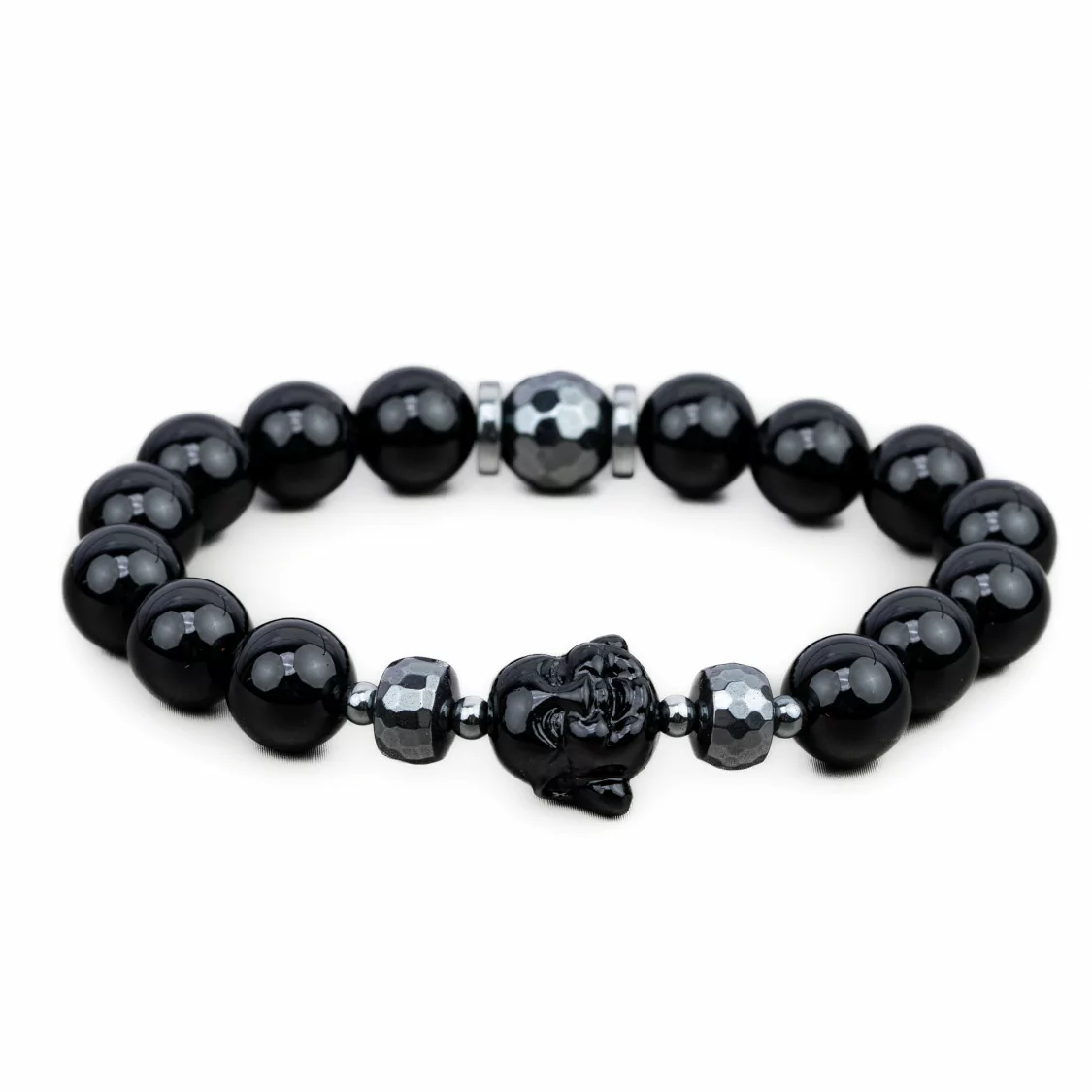 Bracciali Elasticizzato Di Pietre Dure 10mm, Ematite e Buddah di Resina Nero-BRACCIALI DI PIETRE DURE | Worldofjewel.com