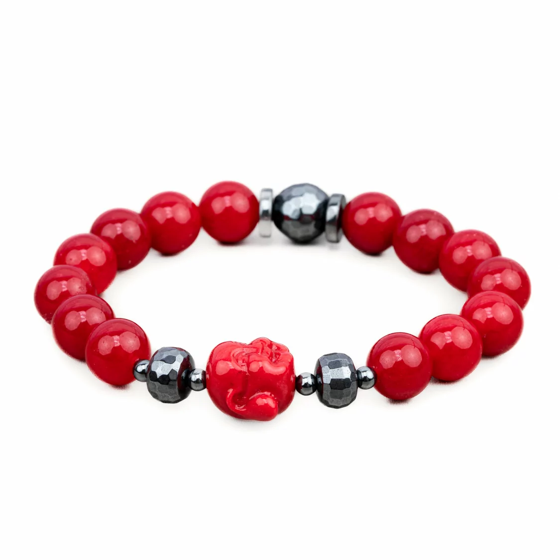 Bracciali Elasticizzato Di Pietre Dure 10mm, Ematite e Buddah di Resina Rosso-BRACCIALI DI PIETRE DURE | Worldofjewel.com