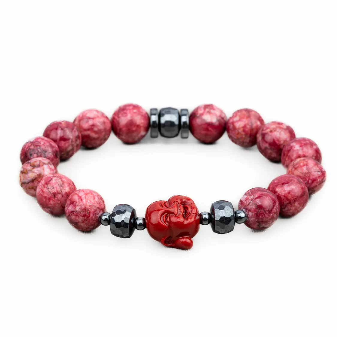 Bracciali Elasticizzato Di Pietre Dure 10mm, Ematite e Buddah di Resina Rosso Sfumato-BRACCIALI DI PIETRE DURE | Worldofjewel.com