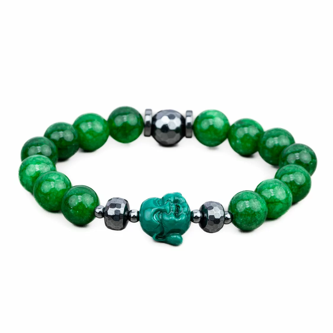 Bracciali Elasticizzato Di Pietre Dure 10mm, Ematite e Buddah di Resina Verde-BRACCIALI DI PIETRE DURE | Worldofjewel.com