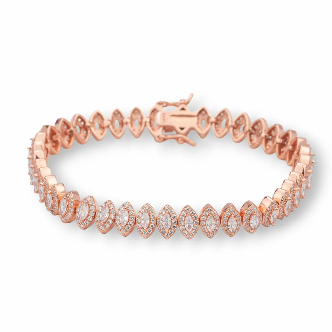 Bracciale Di Argento 925 'Amelia' Con Zirconi A Barchetta Larghezza 8mm Lunghezza 18cm Oro Rosa-BRACCIALI TENNIS | Worldofjewel.com