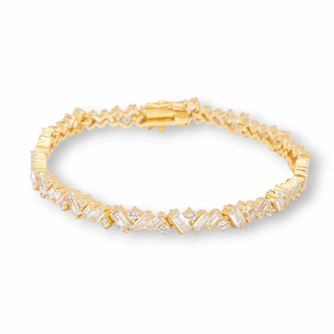 Bracciale Di Argento 925 'Amelia' Con Zircone A Baguette Larghezza 5,5mm Lunghezza 18cm Dorato-BRACCIALI TENNIS | Worldofjewel.com