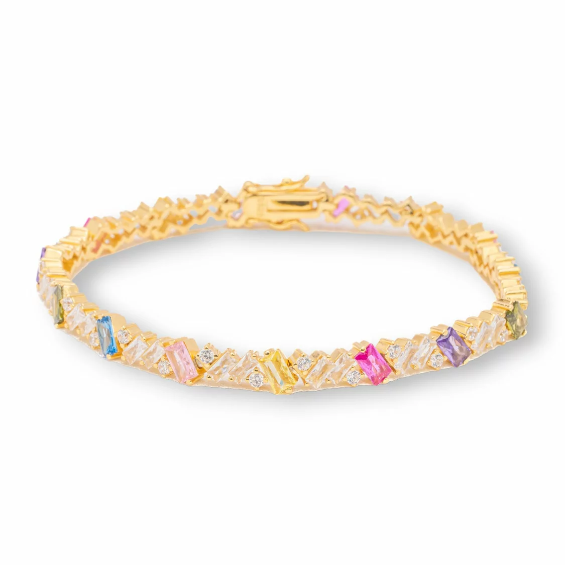 Bracciale Di Argento 925 'Amelia' Con Zircone A Baguette Larghezza 5,5mm Lunghezza 18cm Dorato Multicolor-BRACCIALI TENNIS | Worldofjewel.com