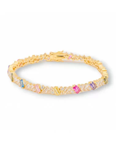 Bracciale Di Argento 925 'Amelia' Con Zircone A Baguette Larghezza 5,5mm Lunghezza 18cm Dorato Multicolor-BRACCIALI TENNIS | Worldofjewel.com