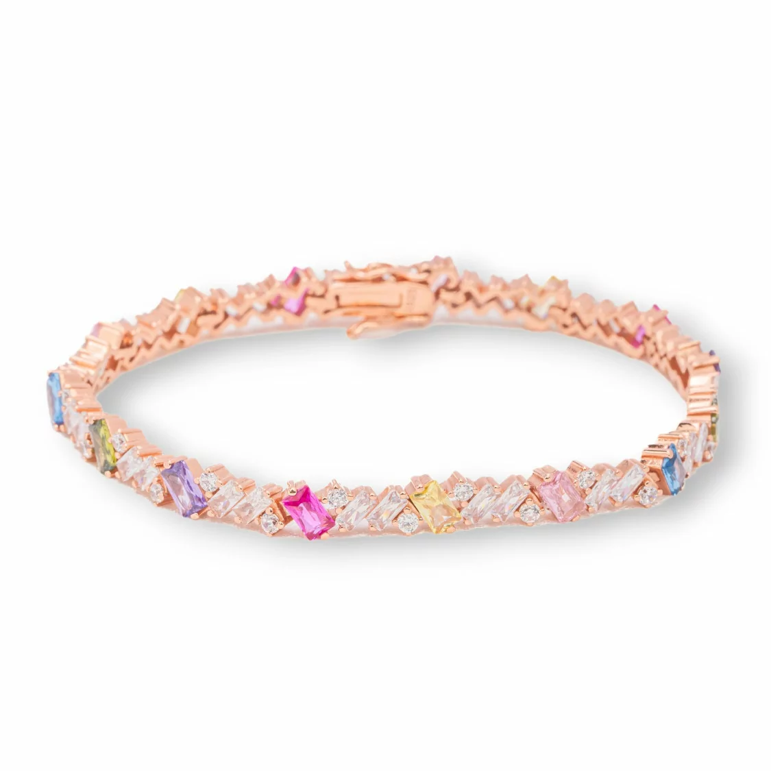 Bracciale Di Argento 925 'Amelia' Con Zircone A Baguette Larghezza 5,5mm Lunghezza 18cm Oro Rosa Multicolor-BRACCIALI TENNIS | Worldofjewel.com