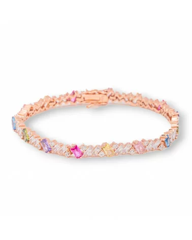 Bracciale Di Argento 925 'Amelia' Con Zircone A Baguette Larghezza 5,5mm Lunghezza 18cm Oro Rosa Multicolor-BRACCIALI TENNIS | Worldofjewel.com