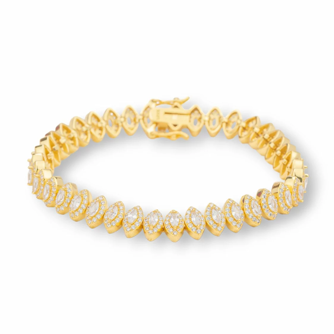 Bracciale Di Argento 925 'Amelia' Con Zirconi A Barchetta Larghezza 8mm Lunghezza 18cm Dorato-BRACCIALI TENNIS | Worldofjewel.com