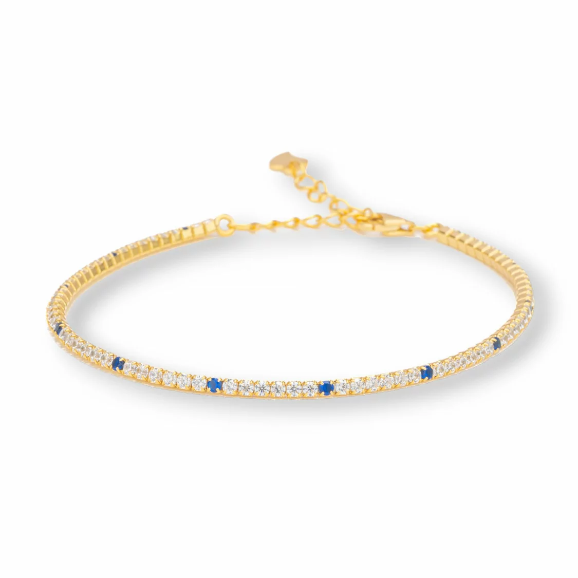 Bracciale Di Argento 925 Tennis Con Zirconi 2mm Dorato + Bianco + Blu Con Chiusura Moschettone 1pz-BRACCIALI TENNIS | Worldofjewel.com