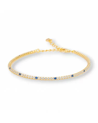 Bracciale Di Argento 925 Tennis Con Zirconi 2mm Dorato + Bianco + Blu Con Chiusura Moschettone 1pz-BRACCIALI TENNIS | Worldofjewel.com