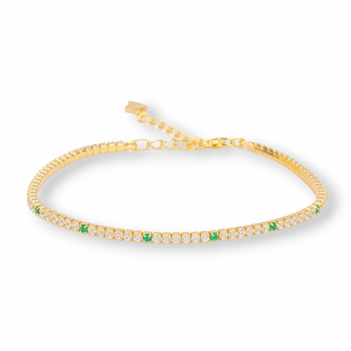 Bracciale Di Argento 925 Tennis Con Zirconi 2mm Dorato + Bianco + Verde Smeraldo Con Chiusura Moschettone 1pz-BRACCIALI TENNIS | Worldofjewel.com