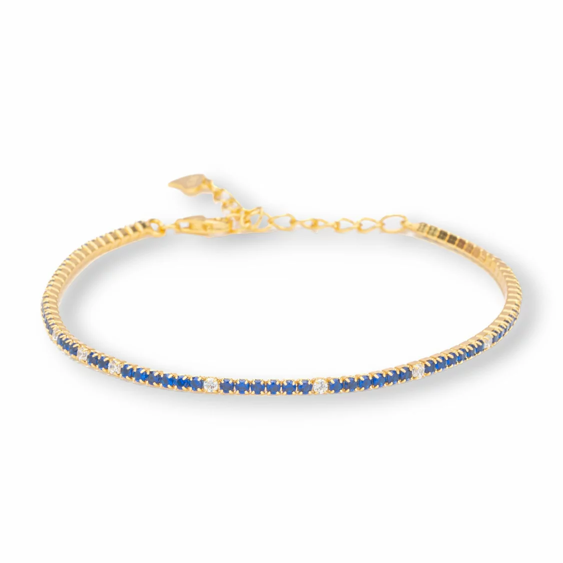 Bracciale Di Argento 925 Tennis Con Zirconi 2mm Dorato + Blu Zaffiro + Bianco Con Chiusura Moschettone 1pz-BRACCIALI TENNIS | Worldofjewel.com