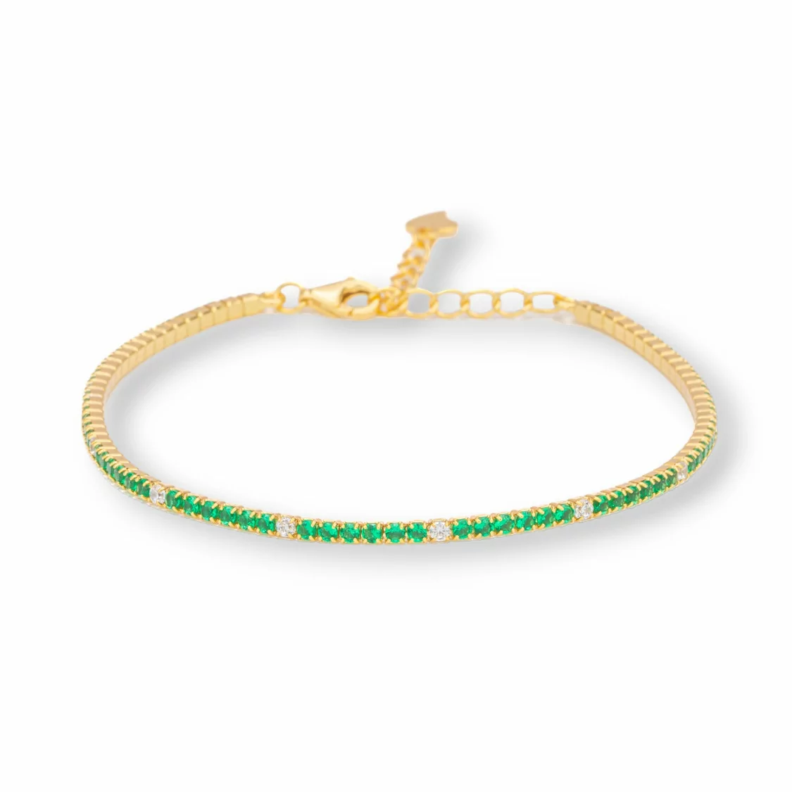 Bracciale Di Argento 925 Tennis Con Zirconi 2mm Dorato + Verde + Bianco Con Chiusura Moschettone 1pz-BRACCIALI TENNIS | Worldofjewel.com