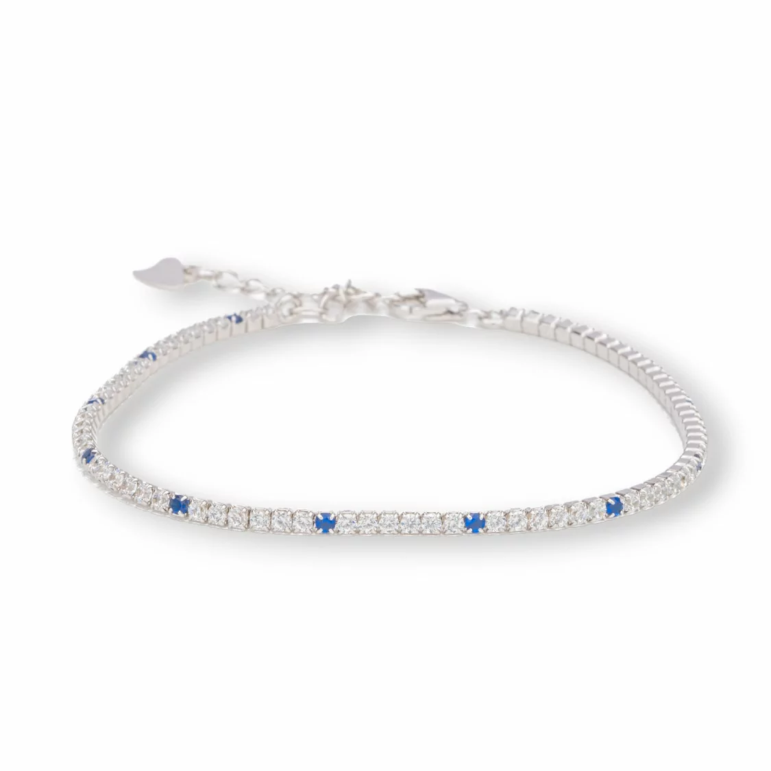 Bracciale Di Argento 925 Tennis Con Zirconi 2mm Rodiato + Bianco + Blu Zaffiro Con Chiusura Moschettone 1pz-BRACCIALI TENNIS | Worldofjewel.com