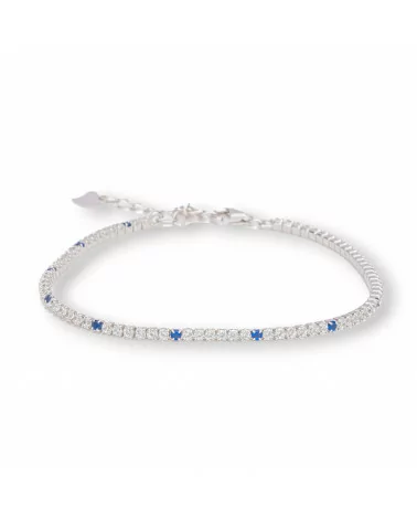 Bracciale Di Argento 925 Tennis Con Zirconi 2mm Rodiato + Bianco + Blu Zaffiro Con Chiusura Moschettone 1pz-BRACCIALI TENNIS | Worldofjewel.com