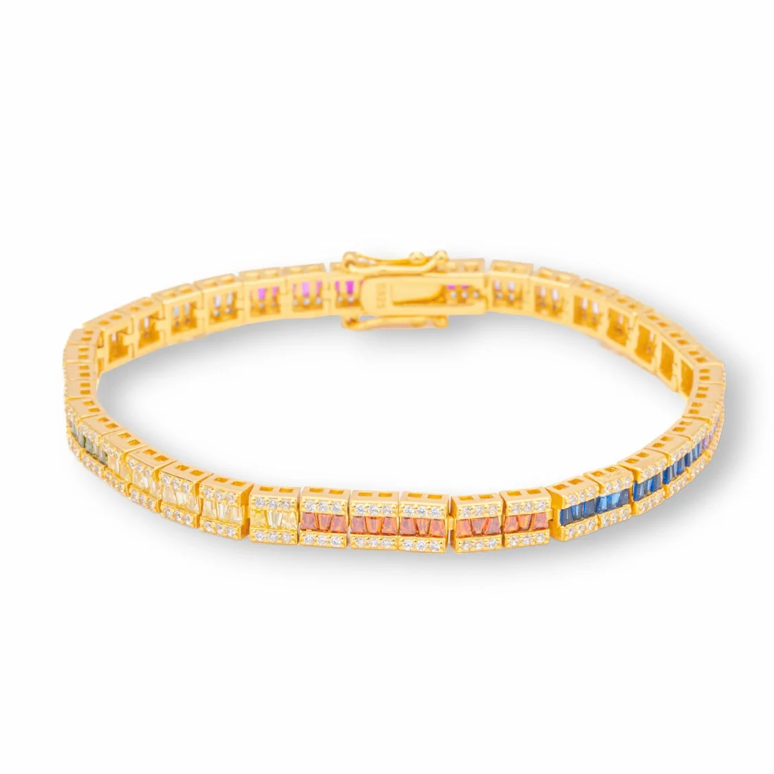 Bracciale Di Argento 925 'Amelia' Con Zircone A Baguette Multicolor Larghezza 5mm Lunghezza 18,5cm Dorato-BRACCIALI TENNIS | Worldofjewel.com