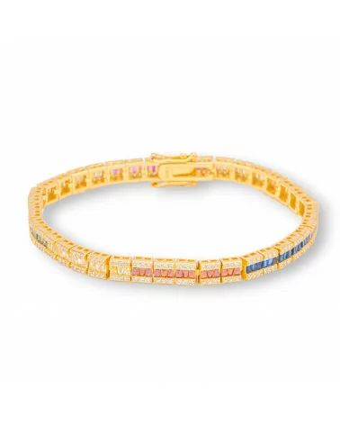 Bracciale Di Argento 925 'Amelia' Con Zircone A Baguette Multicolor Larghezza 5mm Lunghezza 18,5cm Dorato-BRACCIALI TENNIS | Worldofjewel.com