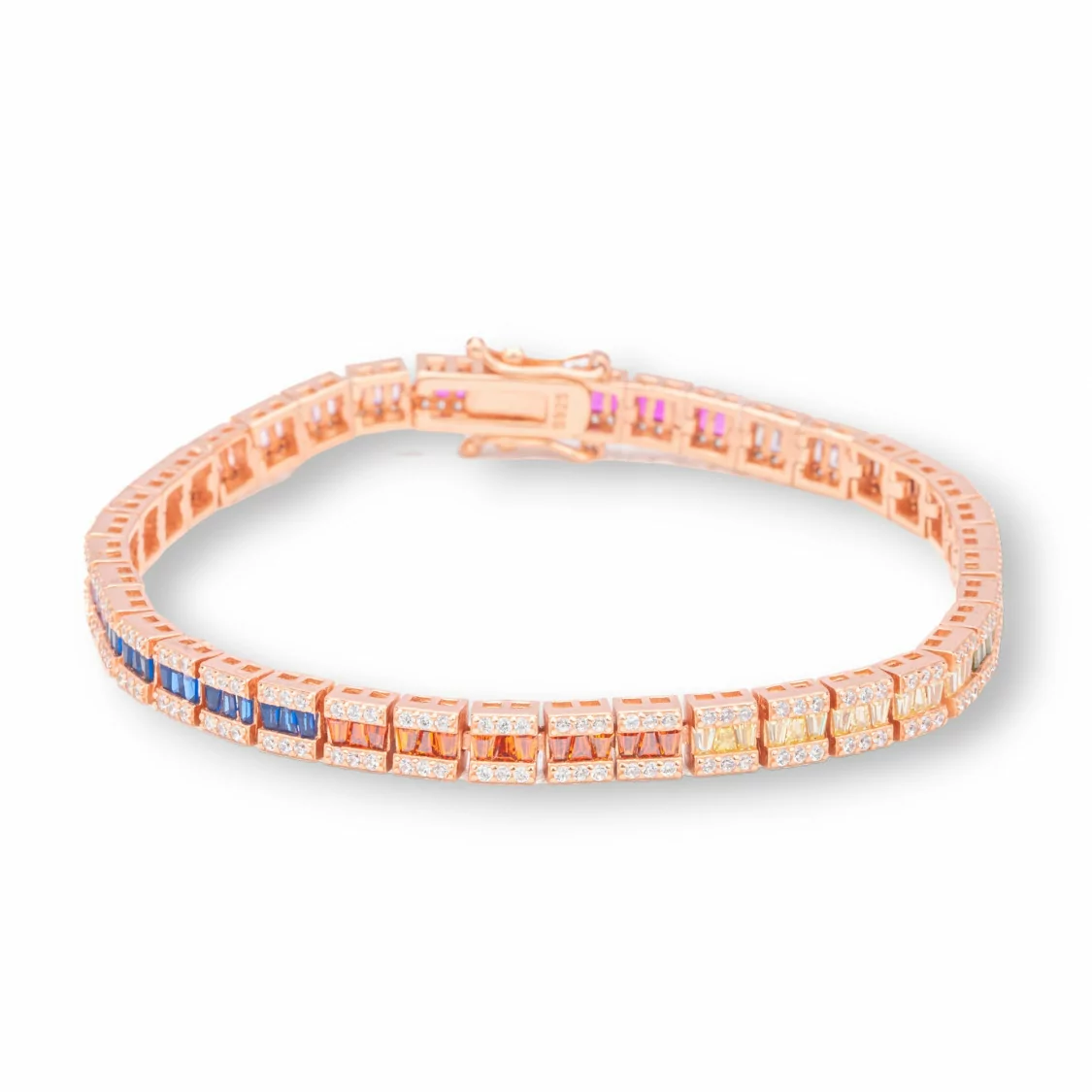 Bracciale Di Argento 925 'Amelia' Con Zircone A Baguette Multicolor Larghezza 5mm Lunghezza 18,5cm Oro Rosa-BRACCIALI TENNIS | Worldofjewel.com