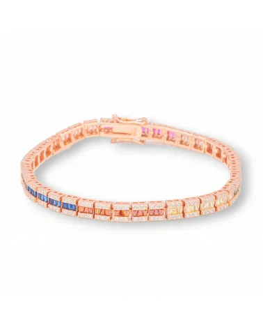 Bracciale Di Argento 925 'Amelia' Con Zircone A Baguette Multicolor Larghezza 5mm Lunghezza 18,5cm Oro Rosa-BRACCIALI TENNIS | Worldofjewel.com