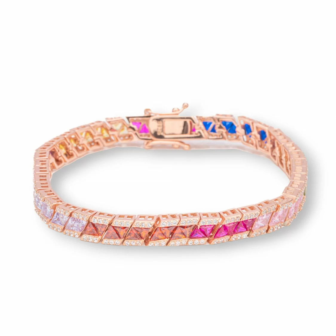 Bracciale Di Argento 925 'Amelia' Con Zircone A Baguette Multicolor Larghezza 6mm Lunghezza 18,5cm Oro Rosa-BRACCIALI TENNIS | Worldofjewel.com