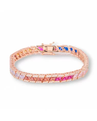 Bracciale Di Argento 925 'Amelia' Con Zircone A Baguette Multicolor Larghezza 6mm Lunghezza 18,5cm Oro Rosa-BRACCIALI TENNIS | Worldofjewel.com