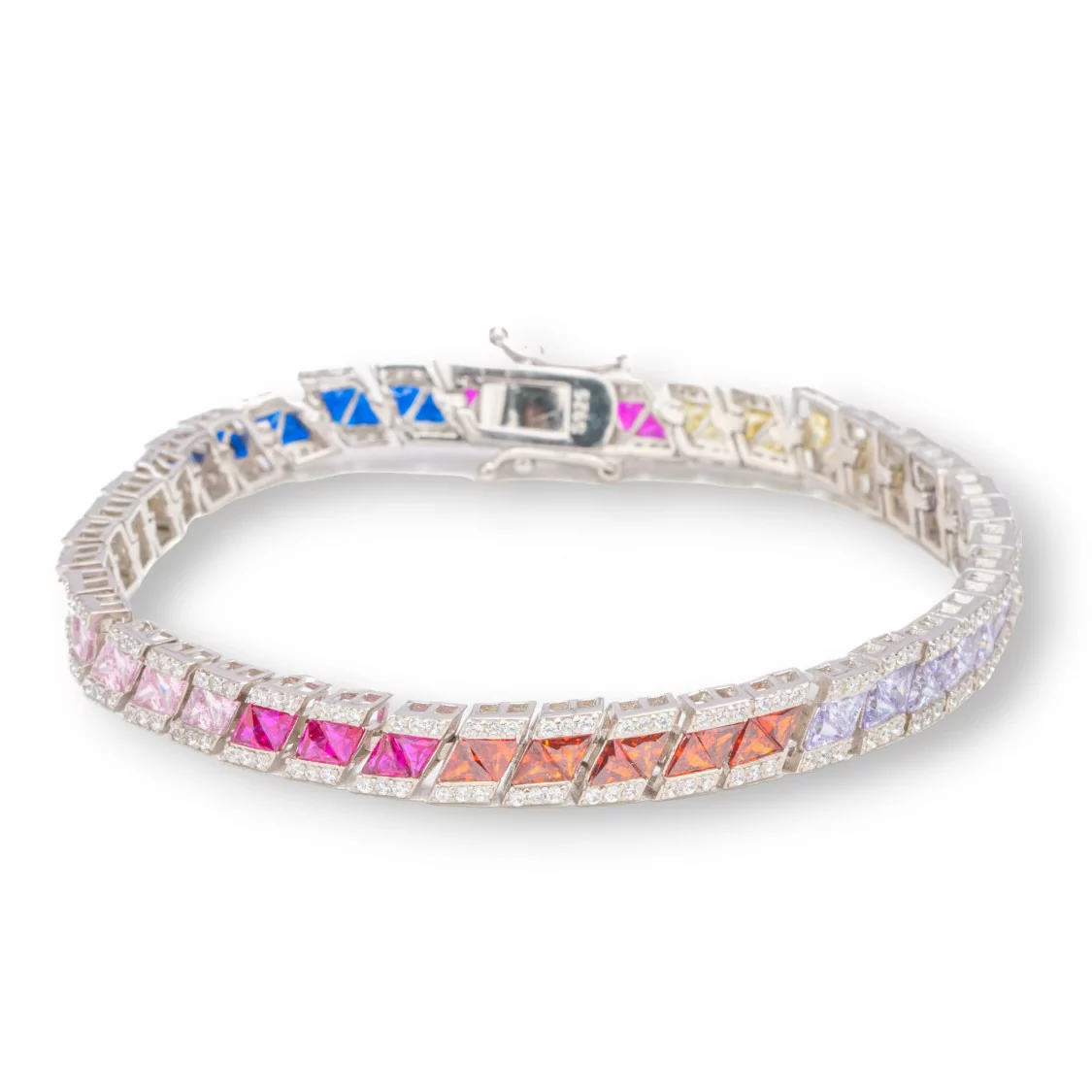 Bracciale Di Argento 925 'Amelia' Con Zircone A Baguette Multicolor Larghezza 6mm Lunghezza 18,5cm Rodiato-BRACCIALI TENNIS | Worldofjewel.com