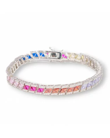 Bracciale Di Argento 925 'Amelia' Con Zircone A Baguette Multicolor Larghezza 6mm Lunghezza 18,5cm Rodiato-BRACCIALI TENNIS | Worldofjewel.com