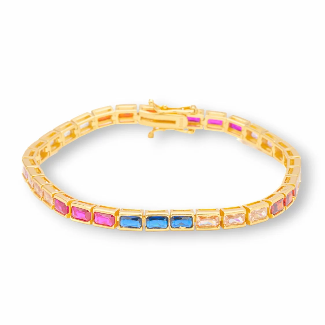 Bracciale Di Argento 925 'Amelia' Con Zircone A Baguette Rettangolo Multicolor Larghezza 4,5mm Lunghezza 18,5cm Dorato-BRACCIALI TENNIS | Worldofjewel.com