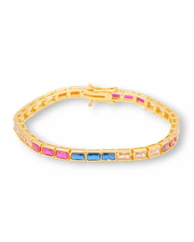 Bracciale Di Argento 925 'Amelia' Con Zircone A Baguette Rettangolo Multicolor Larghezza 4,5mm Lunghezza 18,5cm Dorato-BRACCIALI TENNIS | Worldofjewel.com