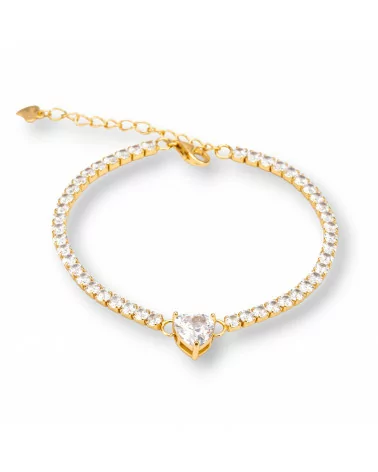 Bracciale Di Argento 925 Tennis Con Zircone da 3mm Cuore da 8mm Lunghezza 16+4cm Dorato Trasparente-BRACCIALI TENNIS | Worldofjewel.com