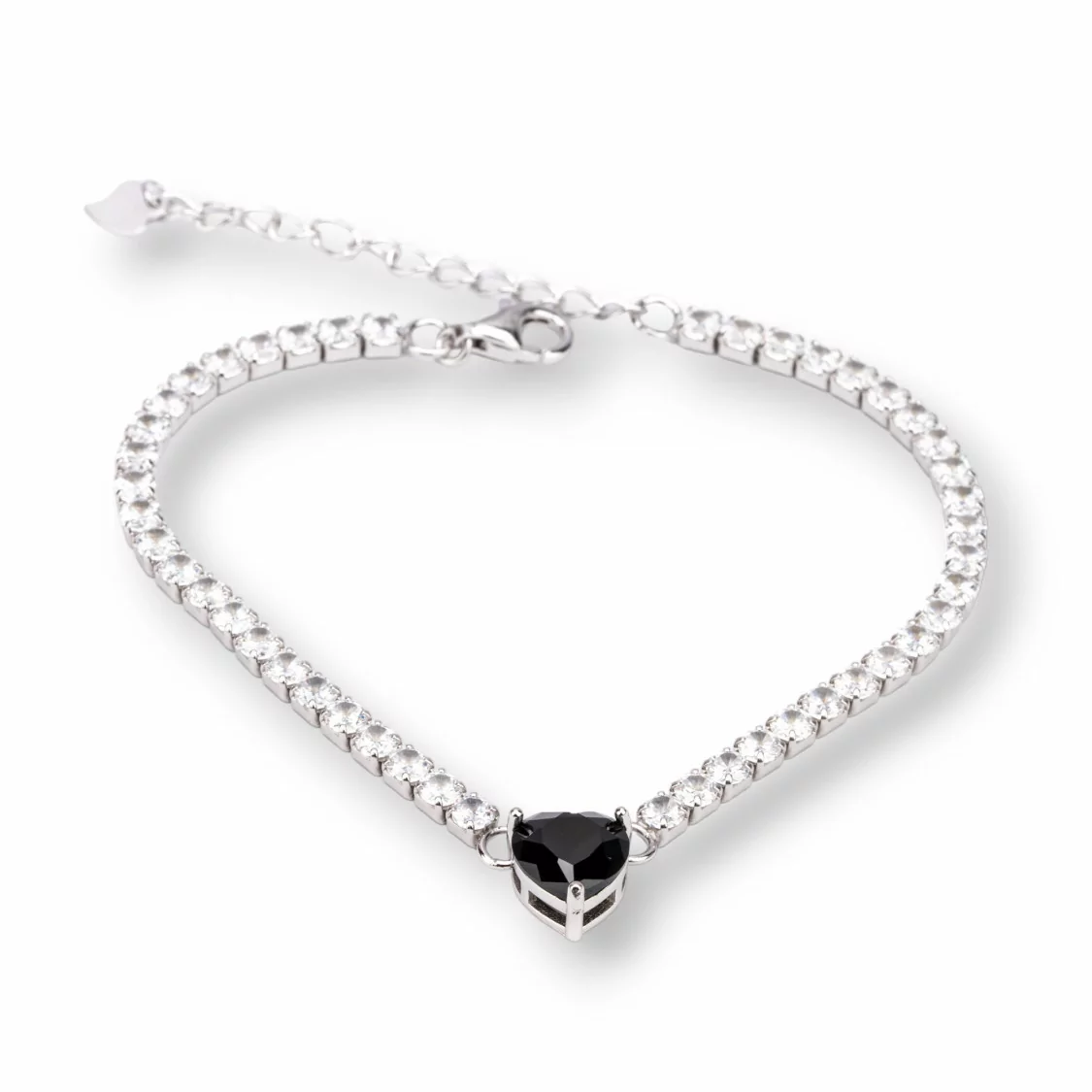 Bracciale Di Argento 925 Tennis Con Zircone da 3mm Cuore da 8mm Lunghezza 16+4cm Rodiato Nero-BRACCIALI TENNIS | Worldofjewel.com