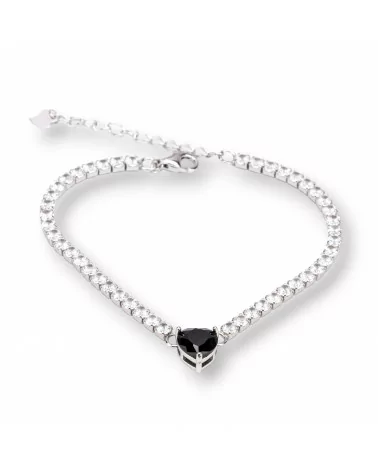 Bracciale Di Argento 925 Tennis Con Zircone da 3mm Cuore da 8mm Lunghezza 16+4cm Rodiato Nero-BRACCIALI TENNIS | Worldofjewel.com